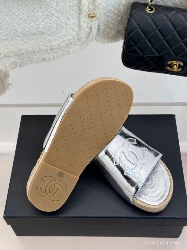 2025 Slippers Chanel Silver Leather Espadrille CC KFY00230