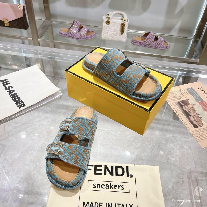 2025 Fendi Blue Beige Fabric Leather Slippers KFY00250