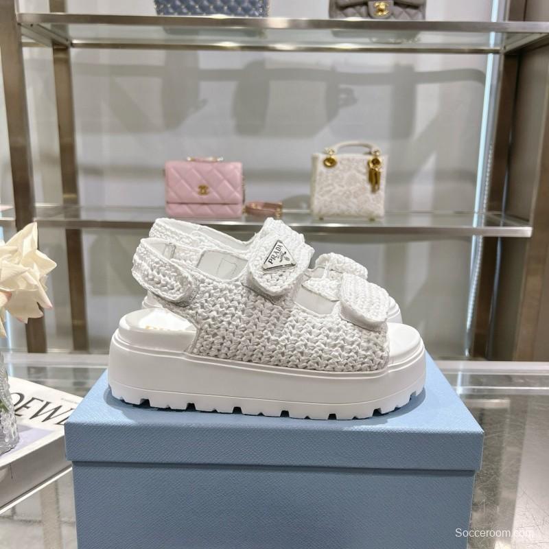 2025 Women Prada White Knitted Platform Sandals