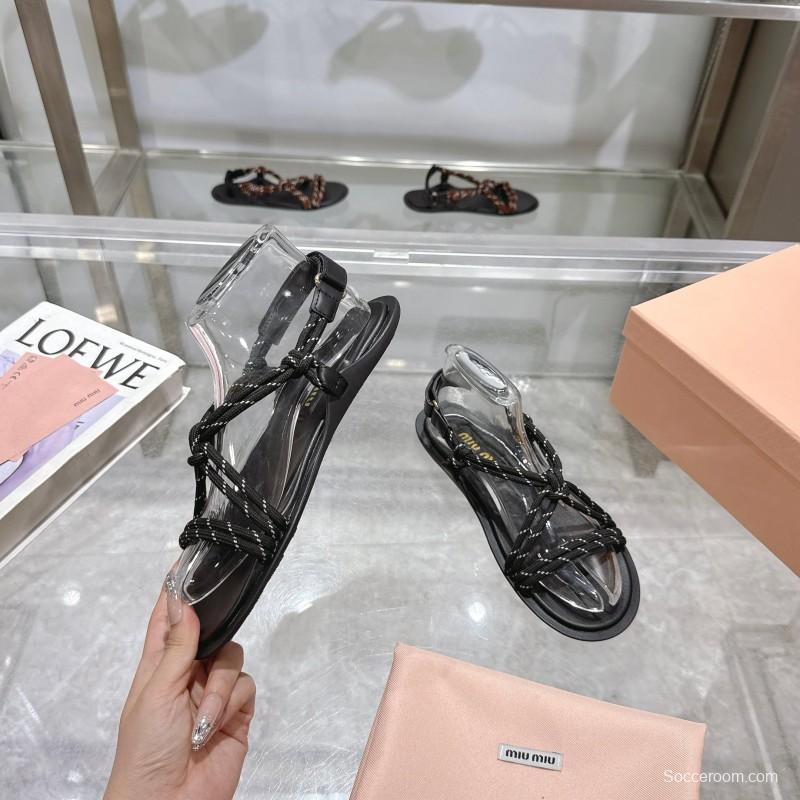 2025 Women Miu Miu Black Leather Rope Sandals