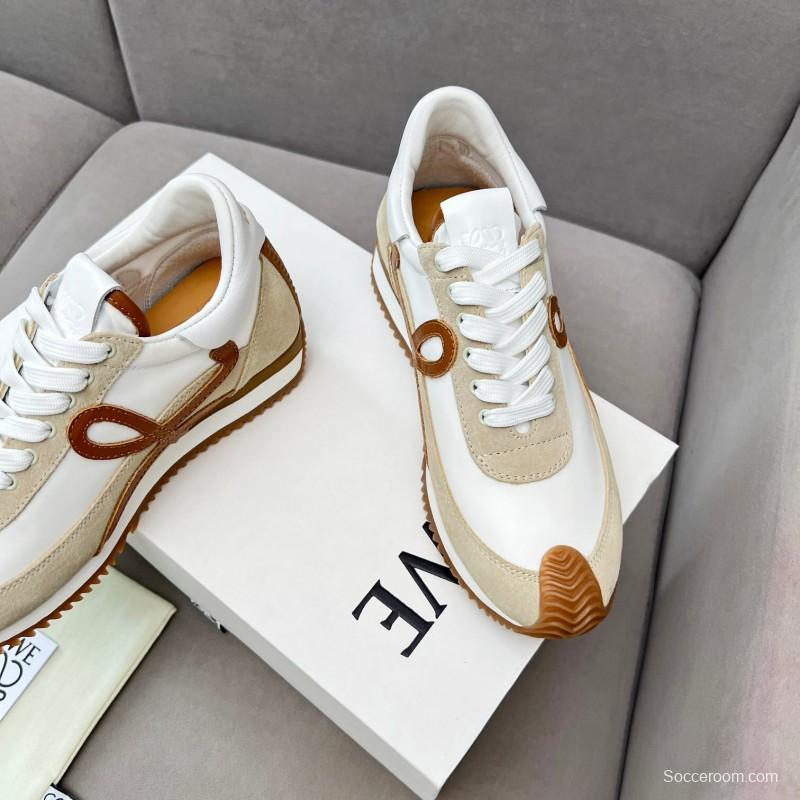 2025 Unisex Loewe White Beige Brown Leather Fabric Sneakers LY00270