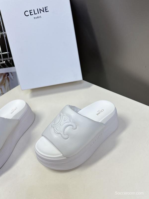 2025 Women Celine White Leather Slippers LY00240