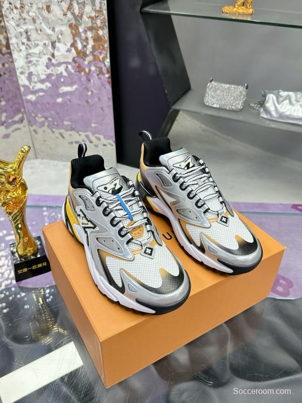 2025 Men Louis Vuitton Gradient Yellow White Leather Mesh Sneakers MJ00420