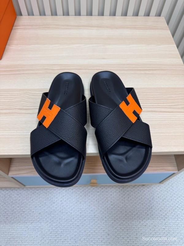 2025 Slippers Hermès Black Orange Leather Slippers