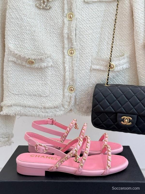 2025 Women Chanel Pink Leather Chain Strap Sandals
