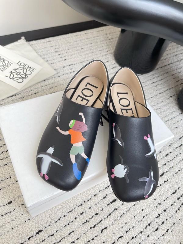 2025 Women Loewe Black Leather Loafers Painted LY00270