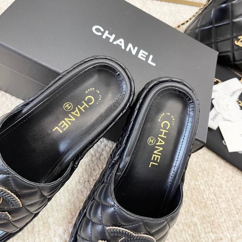 2025 Chanel Black Leather Slippers CC Stitching KFY00290