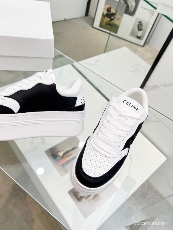2025 Women Celine Black White Leather Platform Sneakers Block Triomphe LY00270