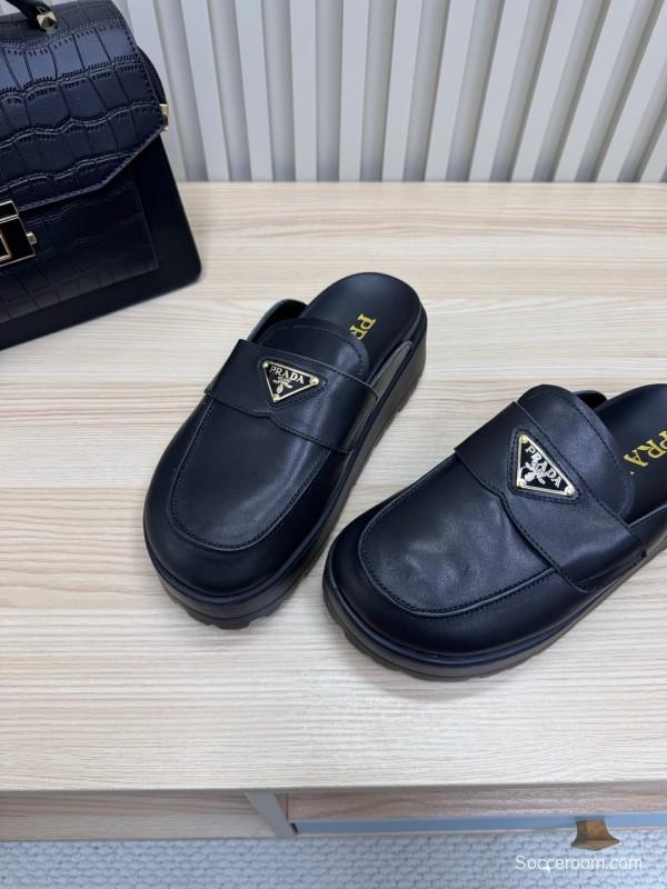 2025 Women Prada Black Leather Platform Loafers