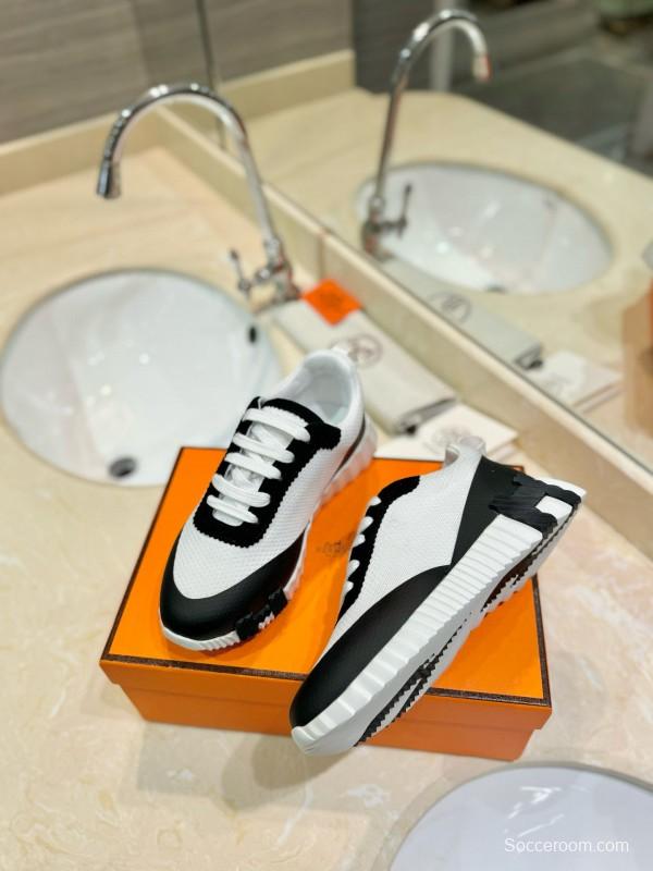 2024 Unisex Hermès Black White Silk Leather Mesh Sneakers MJ00320