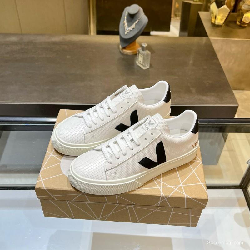 2025 Unisex VEJA White Black Leather Canvas Sneakers V Logo MJ00240(W/M)