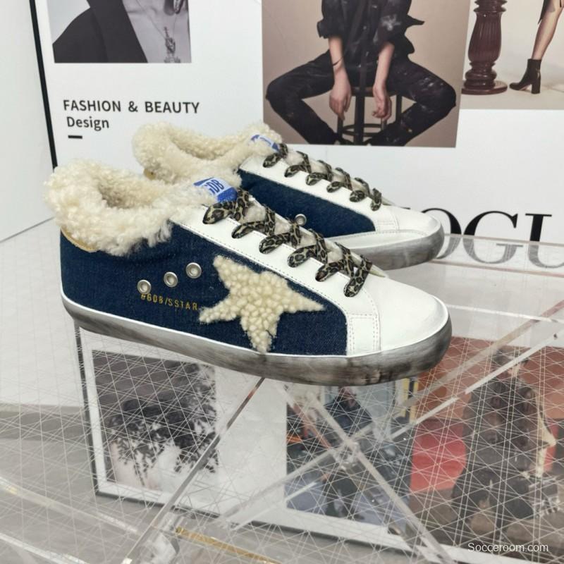 2025 Women GGDB White Navy Blue Leather Shearling Sneakers
