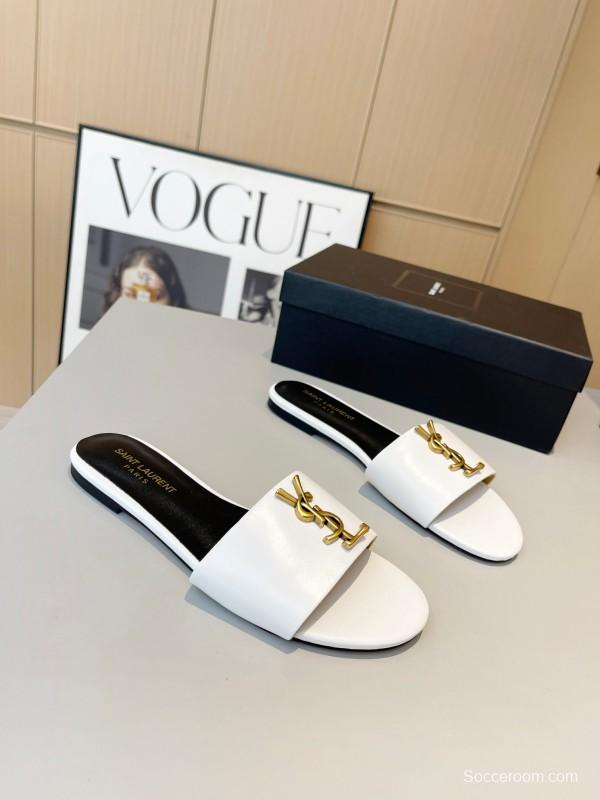 2025 Women Yves Saint Laurent White Leather Slippers LY00180