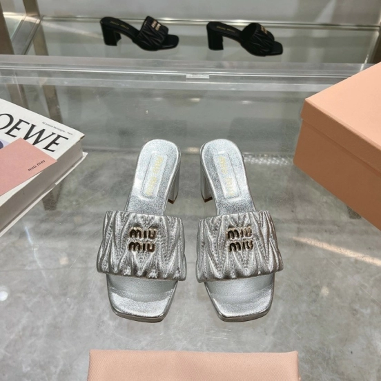 2025 Women Miu Miu Silver Leather High Heel Sandals