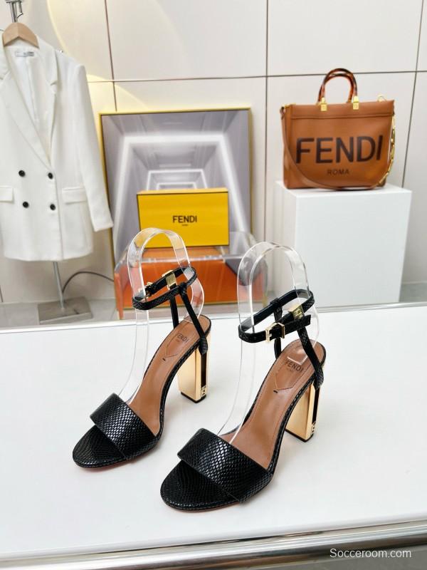 2025 Women Fendi Black Leather High Heel Sandals MJ00251