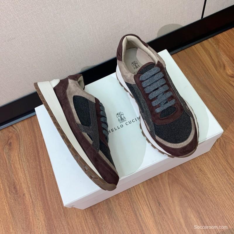 2025 Unisex Brunello Cucinelli Brown Beige Black Suede Leather Sneakers LY