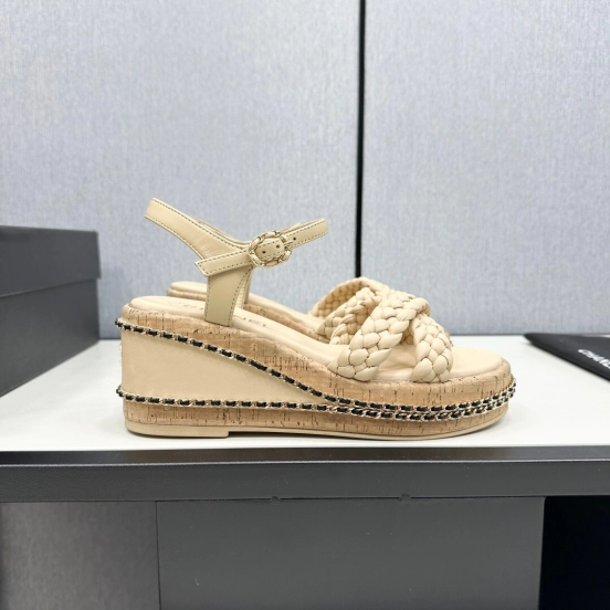 2025 Women Chanel Beige Leather Wedge Sandals