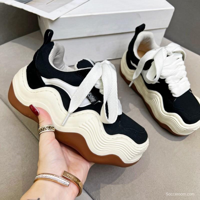 2025 Women HEYDAY Black White Canvas Leather Sneakers Wave Sole KFY00260