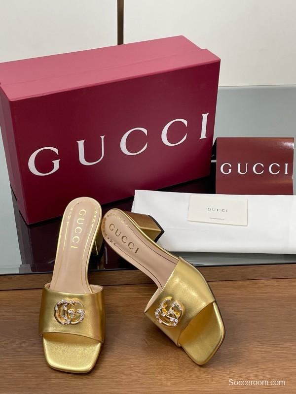2025 Women Gucci Gold Leather Mules Block Heel