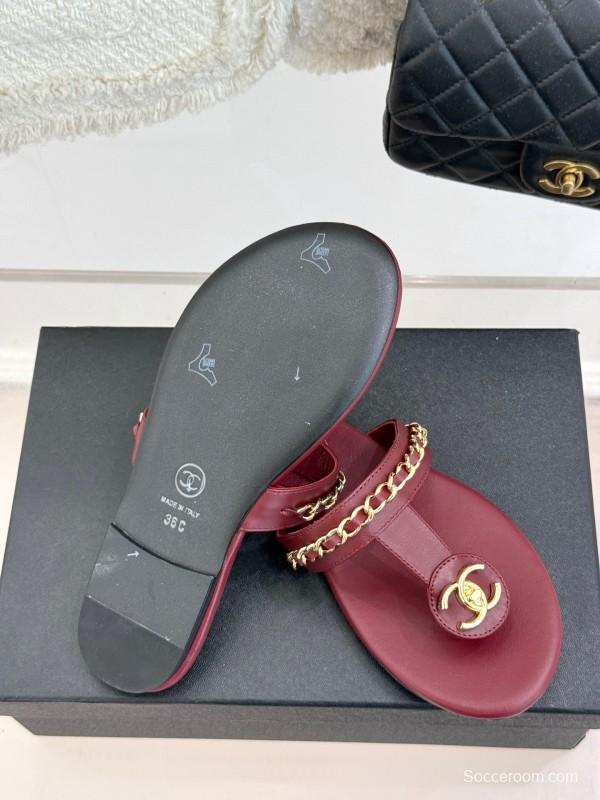 2025 Women Chanel Red Lambskin Chain Sandals KFY00250