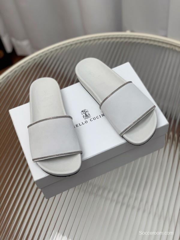 2025 Unisex Brunello Cucinelli White Imported Suede Flat Slide Sandals Handmade Beaded Chain Inlay KFY00240