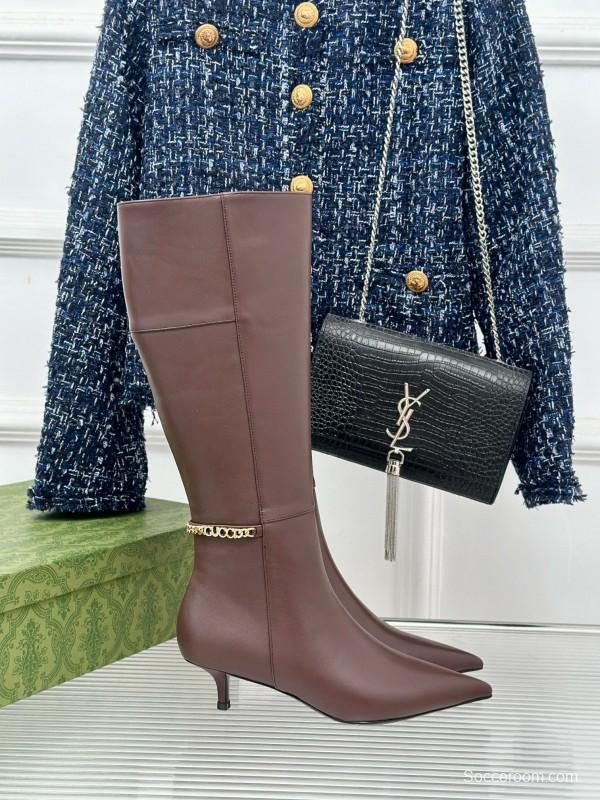 2024 Women Gucci brown calf leather boots chain MJ00550