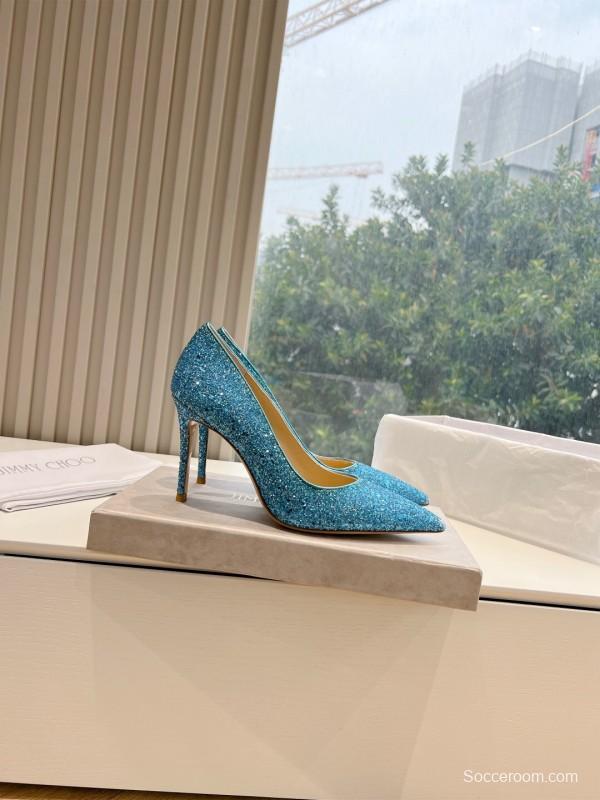 2025 Women Jimmy Choo Blue Glitter Leather Pumps