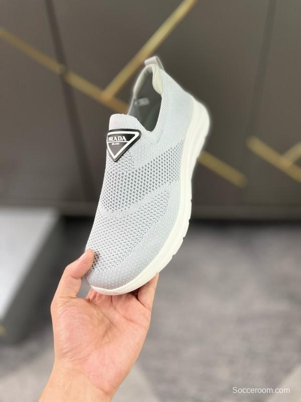 2024 Unisex Prada Light Grey Breathable Flyknit Sneakers MJ00230