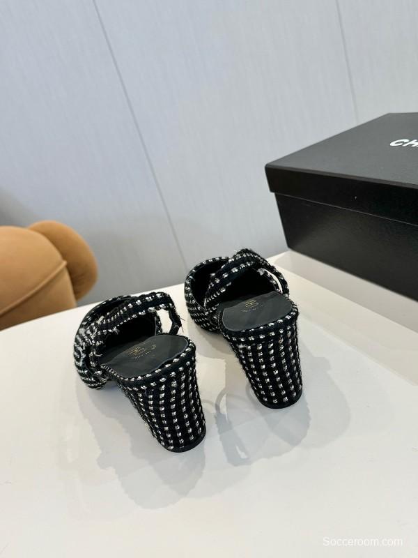 2025 Women Chanel Black White Fabric Slingback Heels LY00240
