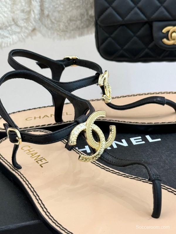 2025 Women Chanel Black Leather Sandals KFY00290