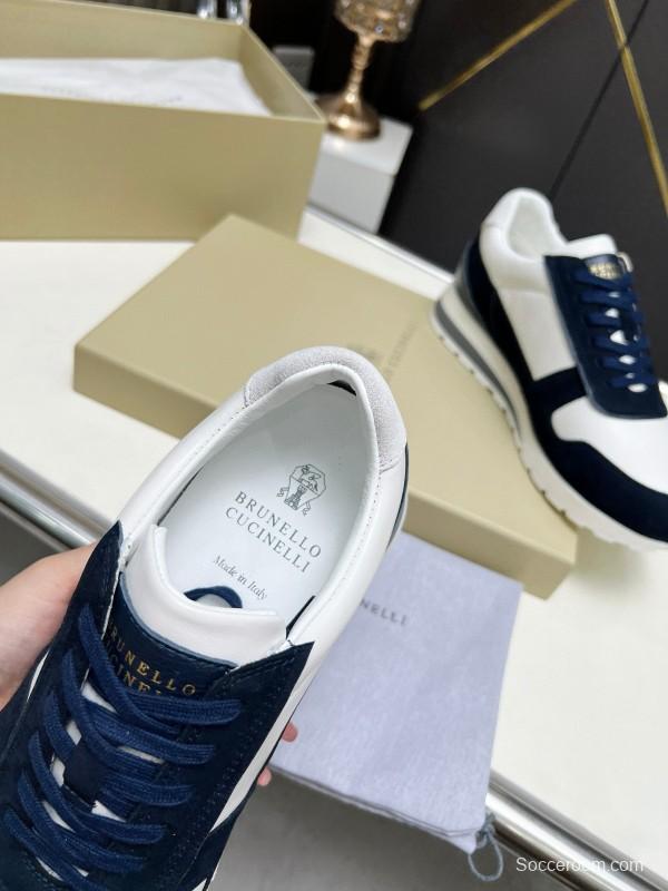 2024 Unisex Brunello Cucinelli White Navy Suede Leather Sneakers