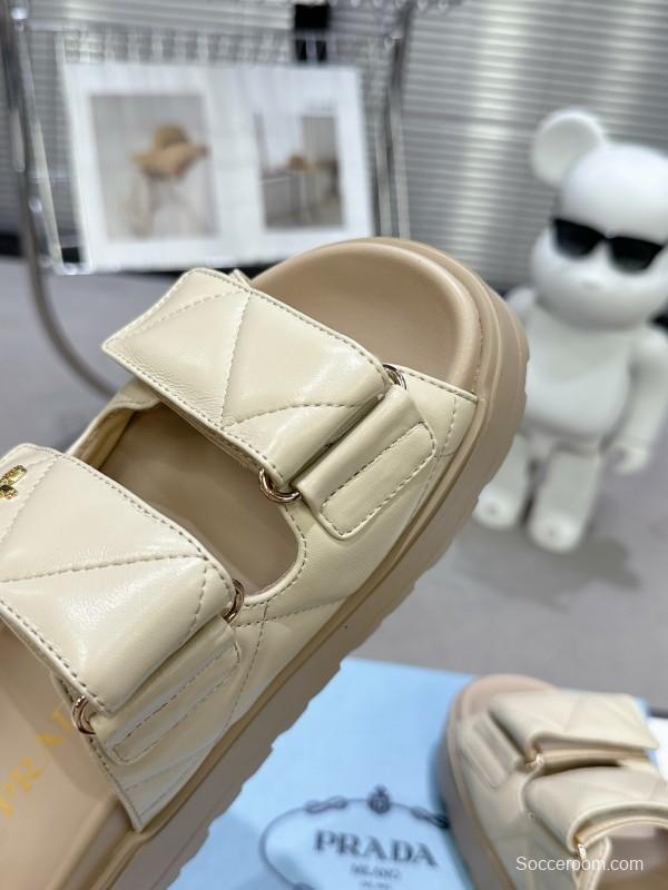 2025 Women Prada Beige Leather Slippers KFY00290