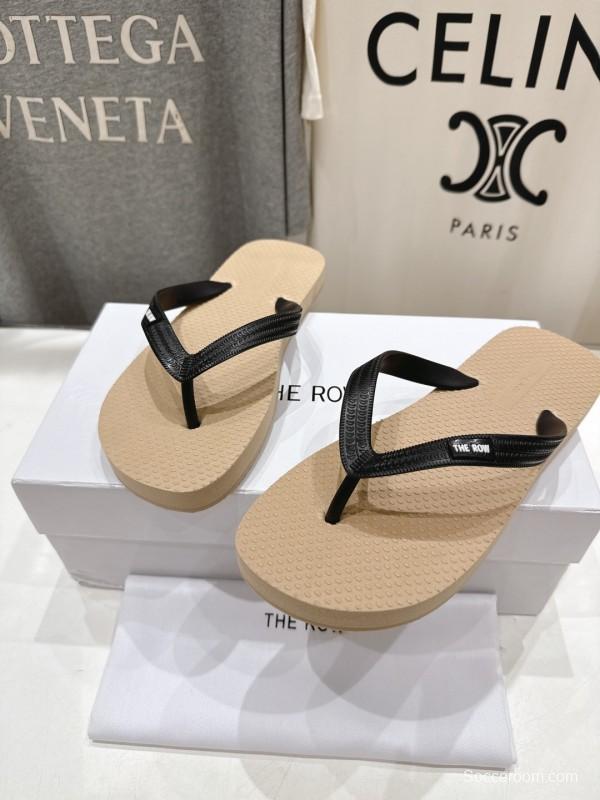 2025 Unisex The Row Beige And Black Leather Casual Flip-Flops Handmade KFY00160