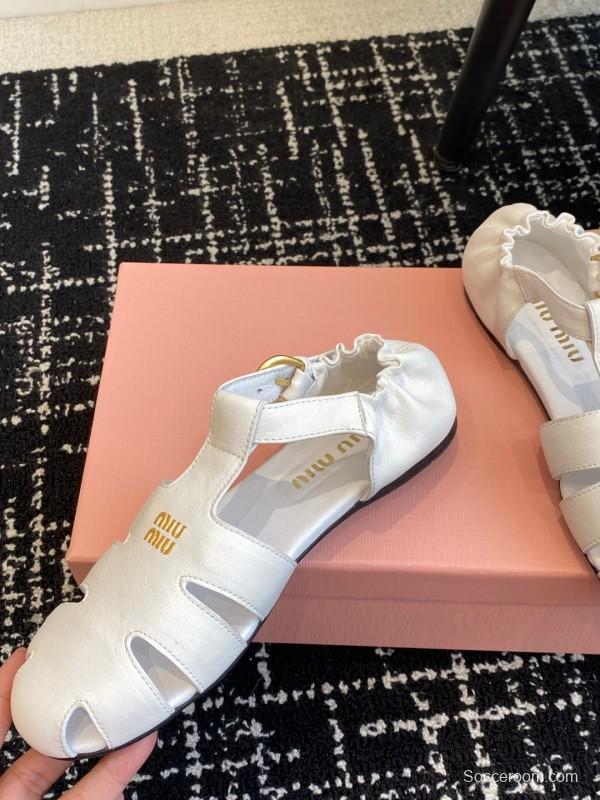 2025 Women Miu Miu White Calf Leather Flat Sandals