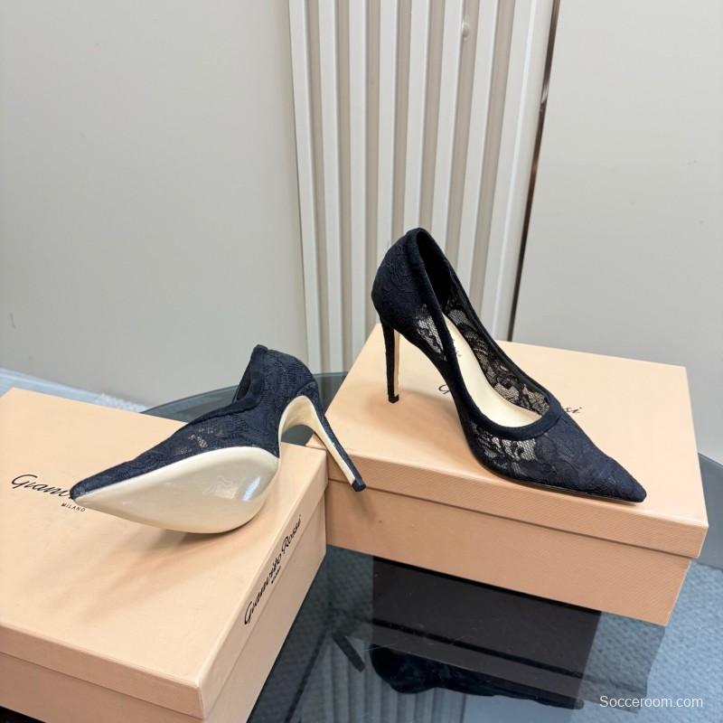 2025 Women Gianvito Rossi Black Lace Leather High Heel KFY00280