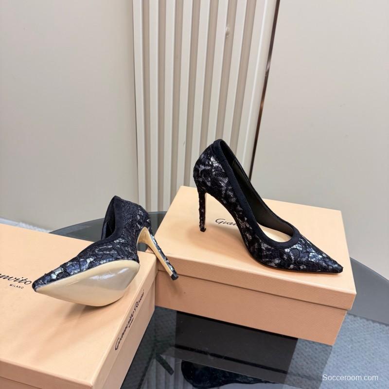 2025 Women Gianvito Rossi Black Lace Leather High Heel KFY00280