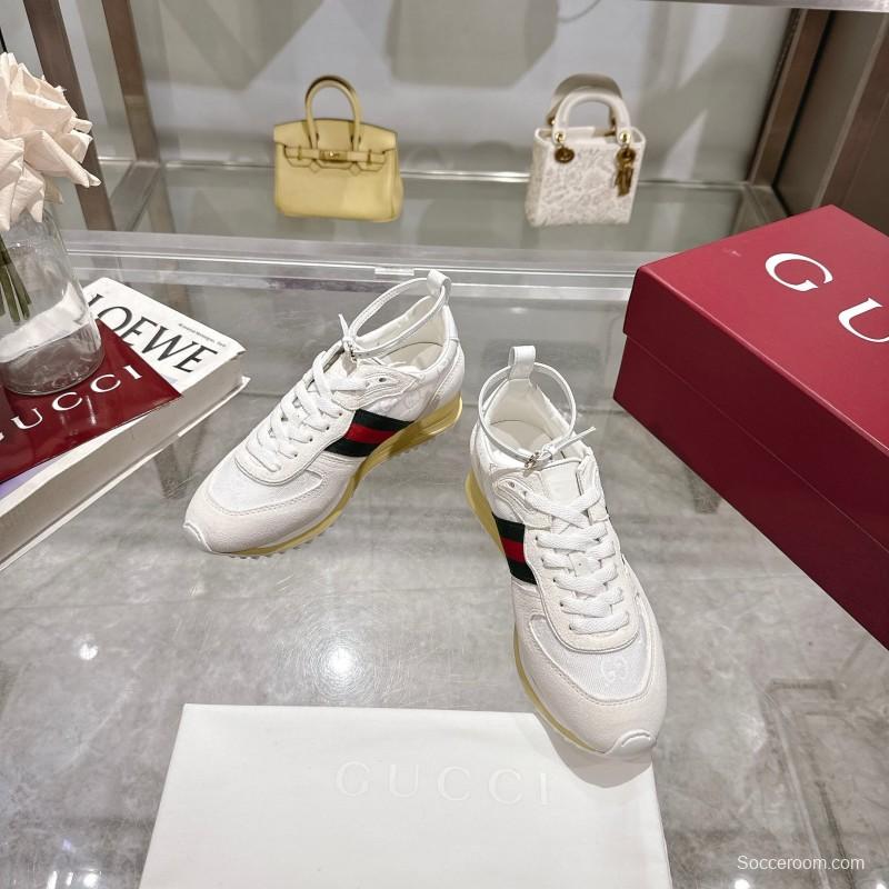 2025 Unisex Gucci White Black Red Fabric Sneakers Detachable Adjustable Ankle Strap LY00340