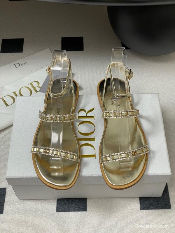 2025 Women Dior Gold Leather Sandals Crystal Embellishment