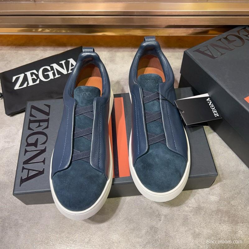 2024 Men Ermenegildo Zegna Blue Leather Suede Sneakers