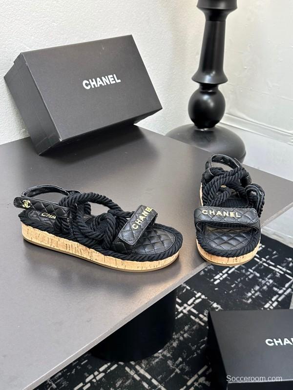 2025 Slippers Chanel Black Rope Leather Sandal LY00260
