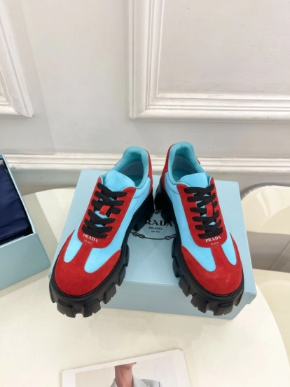2025 Unisex Prada Blue Red Suede Silk Casual Sneakers KFY00310(F)/KFY00330(M)