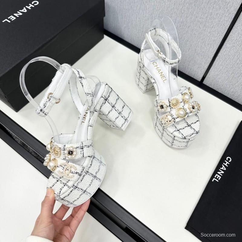 2025 Women Chanel White Black Fabric Platform Sandals Pearl Embellishment