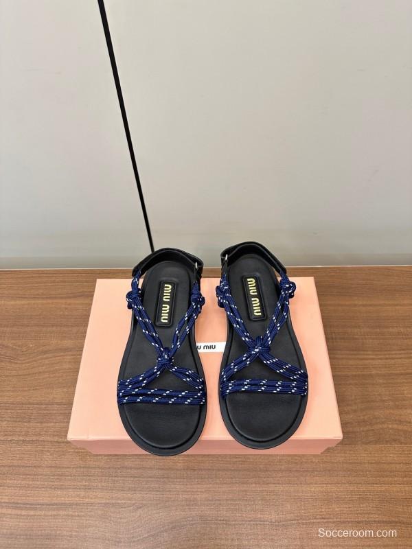 2025 Women Miu Miu Blue Black Leather Rope Sandals