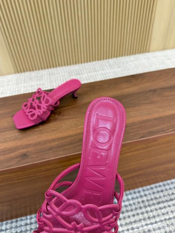 2025 Women Loewe Pink Leather Heeled Sandals LY00210