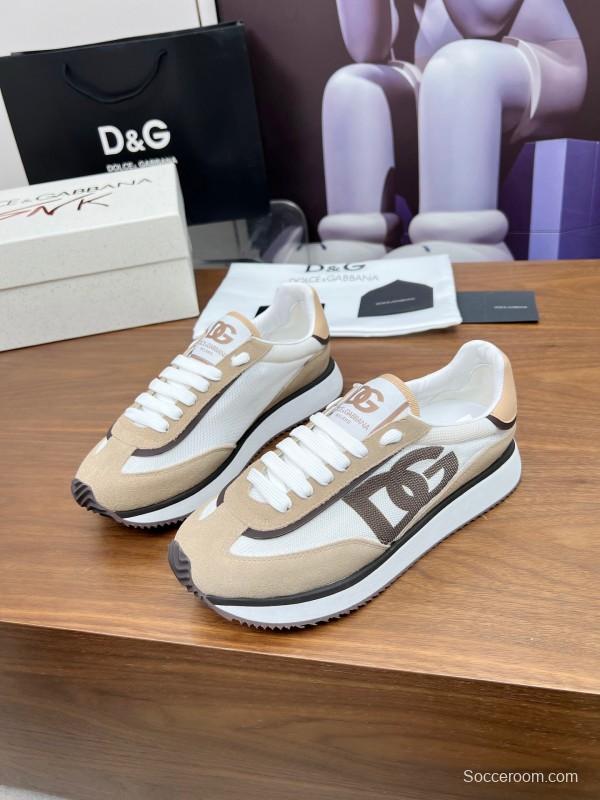 2025 Unisex Dolce & Gabbana White Beige Suede Mesh Sneakers LY00300