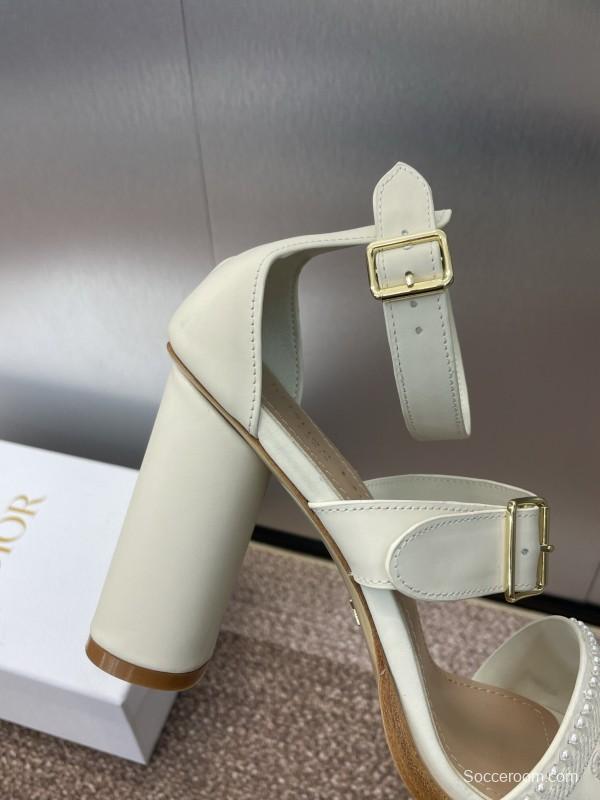 2025 Women Dior White Calfskin Leather Embroidered Sandals KFY00320