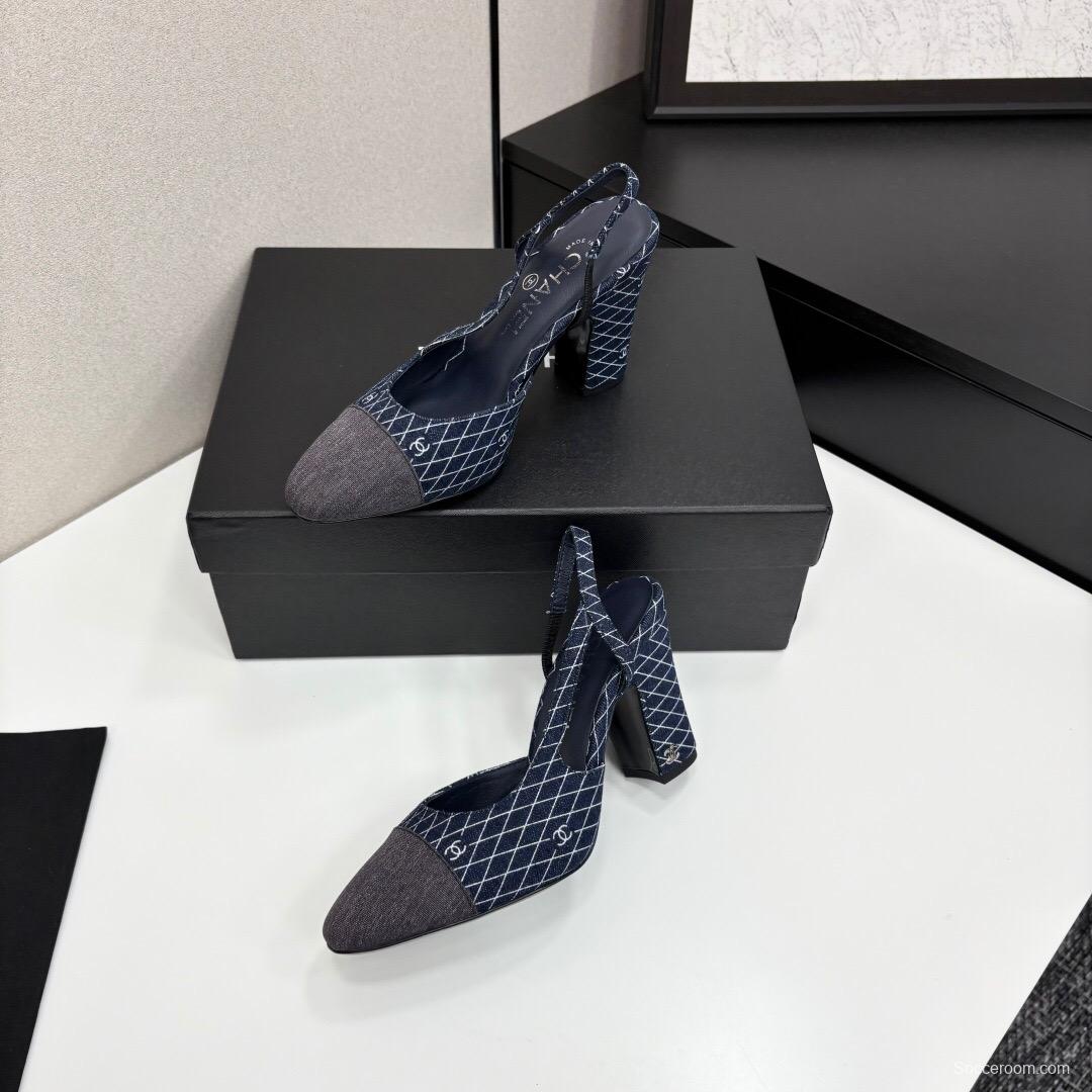 2025 Women Chanel Blue Denim Fabric Slingback Shoes