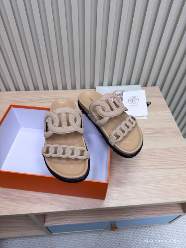 2025 Women Hermès Beige Suede Slippers