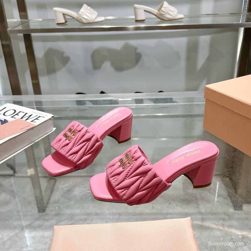 2025 Women Miu Miu Pink Sheepskin Heeled Sandals Quilted KFY00250