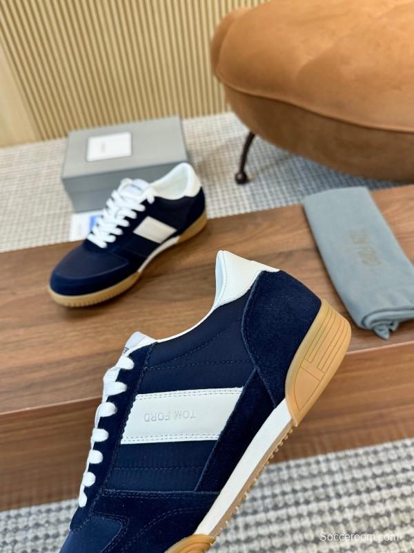 2025 Men TOM FORD Navy White Suede Leather Sneakers LY00360